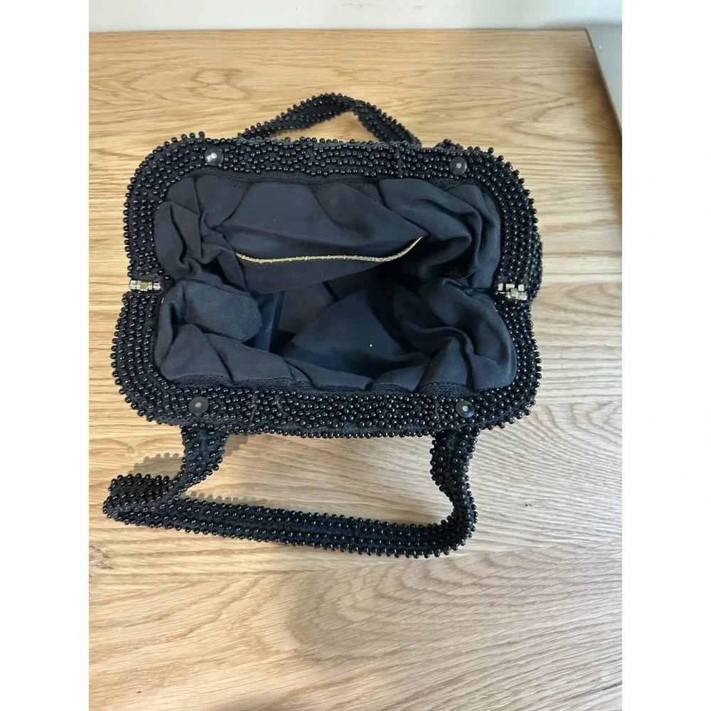 Stunning Vintage 1950s Lumured‎ CORDE-BEAD Caviar Sized Black Beaded Evening Bag